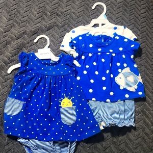 Carter's Bundle. 3 Piece Set Polka Dot & Blue Onesie Dress and 2 piece shortset.